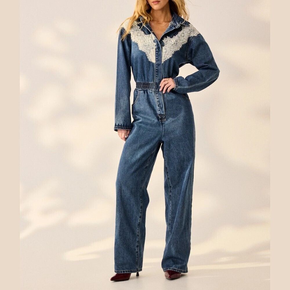 Blue Denim Lace Yoke Collared Long Sleeve Wide Leg Jumpsuit